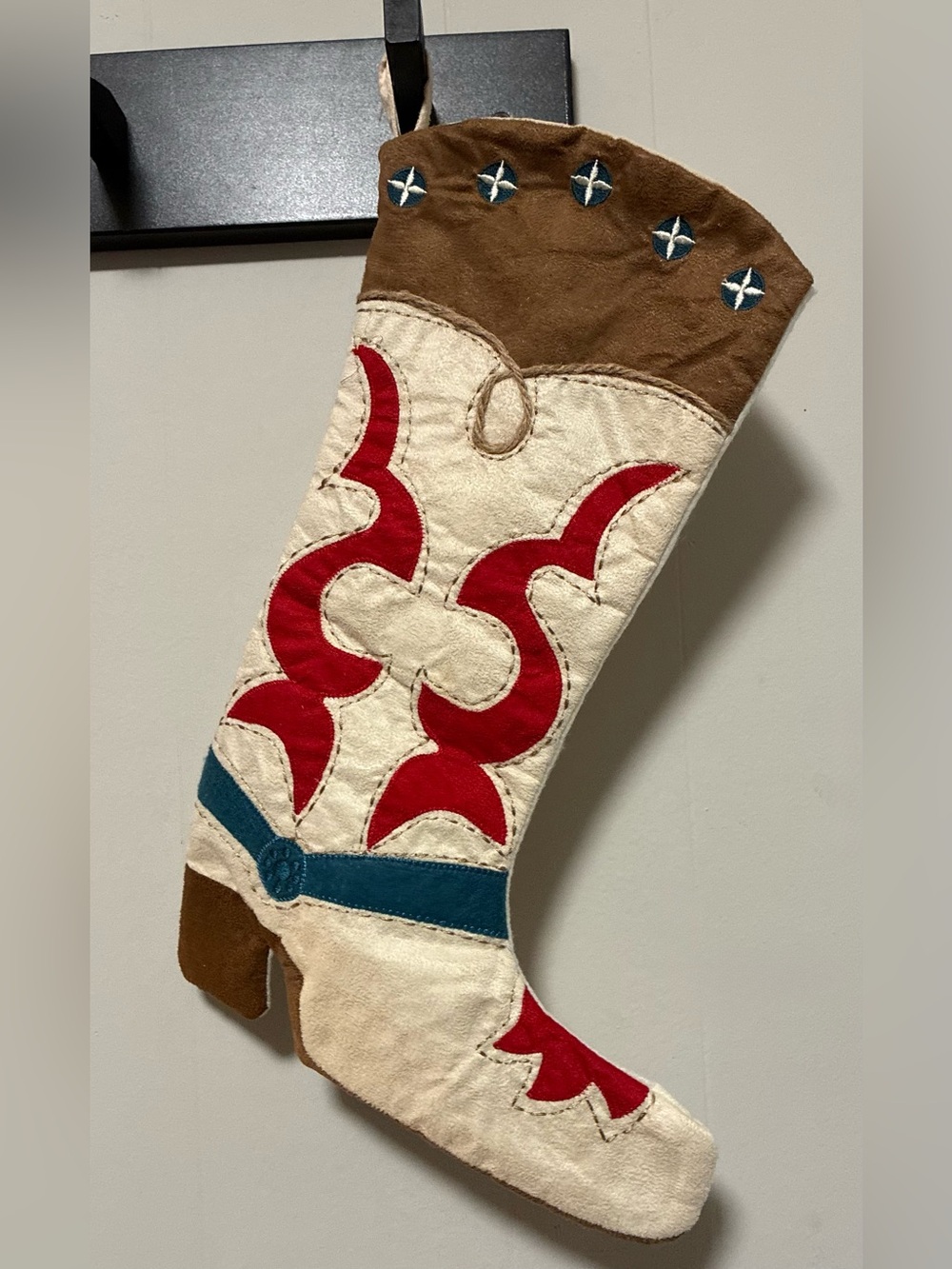 Western Cowboy Boot Christmas Stocking Red Brown Cream Embroidered Holiday Decor